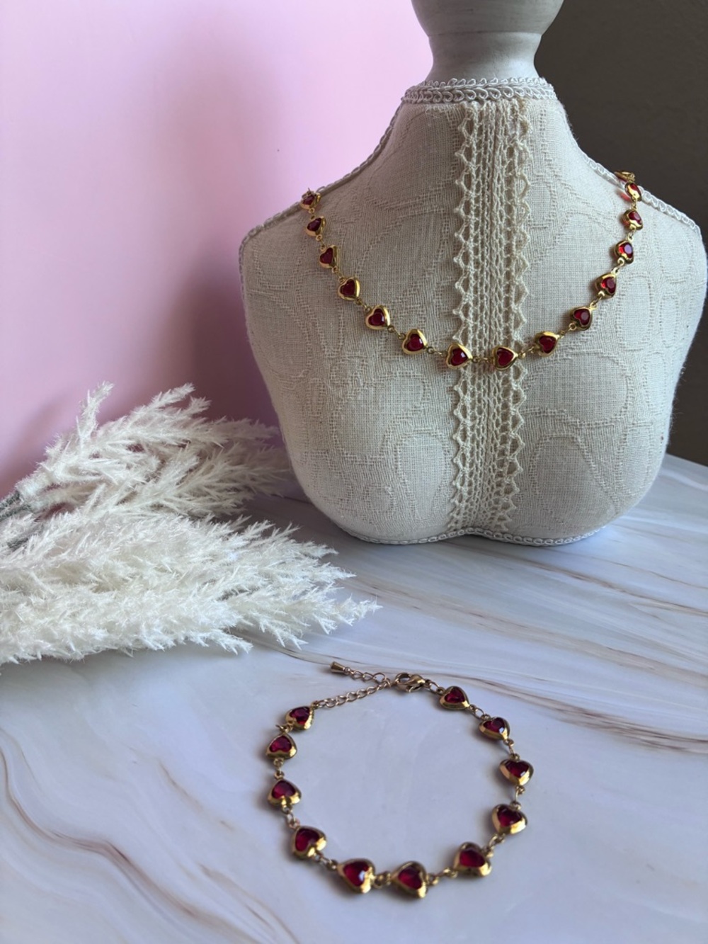 18k Gold Plated & Red Heart Link Necklace and Bracelet Set